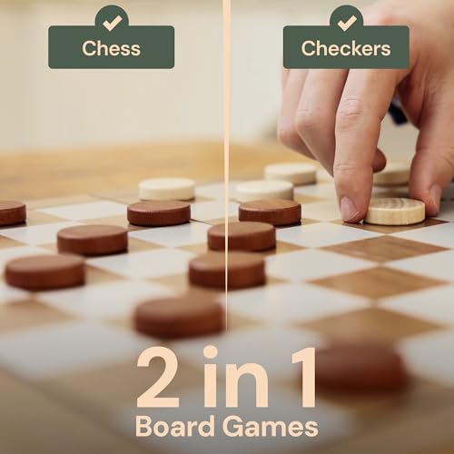 Wooden Chess Set 15'' & Checkers Board Games for All Players with 2 Extra Queens