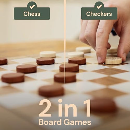 Wooden Chess Set 15'' & Checkers Board Games for All Players with 2 Extra Queens