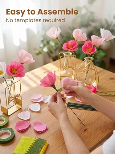 Pink Crepe Paper Poppy Bouquet Making Kit 24 pcs DIY Craft Set for Home Decor & Events Complete Craft Materials for Floral Art (194 Count)