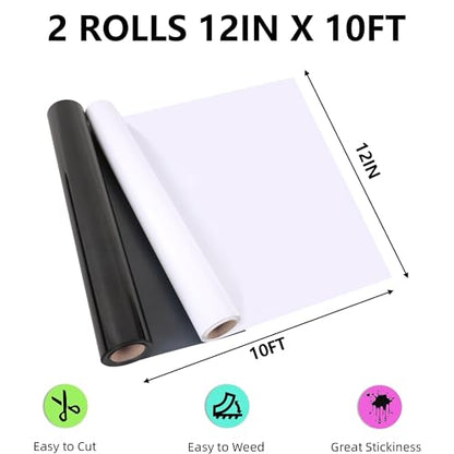 RENLITONG Black and White Heat Transfer Vinyl 2 Rolls 12" x 10ft HTV Iron on Vinyl for T (2 Count)
