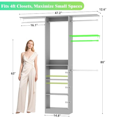 4FT Small Closet Organizer System with 4 Hanging Rods & 3 Shelves