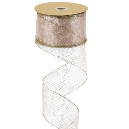 Rose Gold Sheer Glitter Wired Ribbon 2.5 Inch Horizontal Stripes Polka Dot Christmas Ribbon Organza Sheer Glitter Ribbons 25 Yards Rose Gold Ribbons for Christmas Tree (75 Foot)