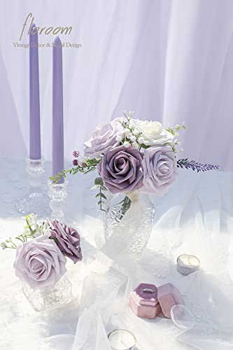 Artificial Flowers 25pcs Real Looking Lavender African Violet Purple Foam Fake Roses with Stems for DIY Wedding Bouquets Bridal Shower Centerpieces Floral Arrangements Party Tables Decorations (25 Count)