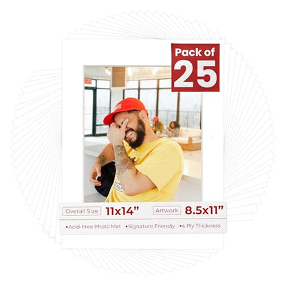 Pack of 25 Acid Free 11x14 Mats Bevel Cut for 8.5x11 Photos (25 Count)