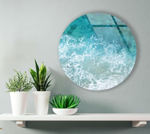 39,4''(100cm) Diameter Sea Waves Round Glass Wall Art Tempered Glass Printing Wall Decor Large Wall Art Wall Hangings