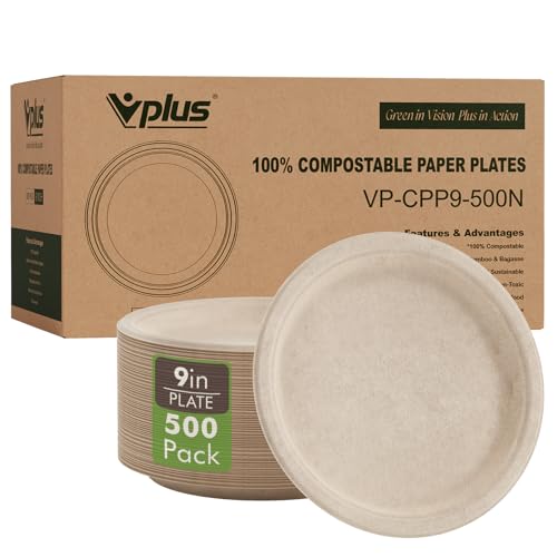 500 Pack Compostable Bagasse Paper Plates 9 inch (500 Count)