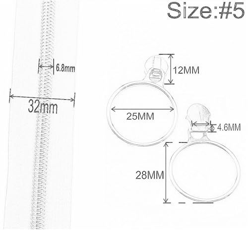 5 Silver Metallic Nylon Coil Zippers by The Yard Bulk 10 Yards Brown Zipper Tape with 25pcs Silver Ring Pull Sliders for DIY Sewing Tailor Craft Bag