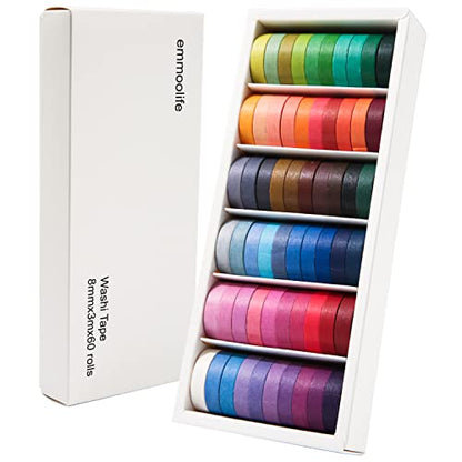 60 Rolls Washi Tape Sets 8mm Wide 10ft Long Basic Solid Color Rainbow Colored Decorative Thin Masking Tapes for Arts (60 Count)