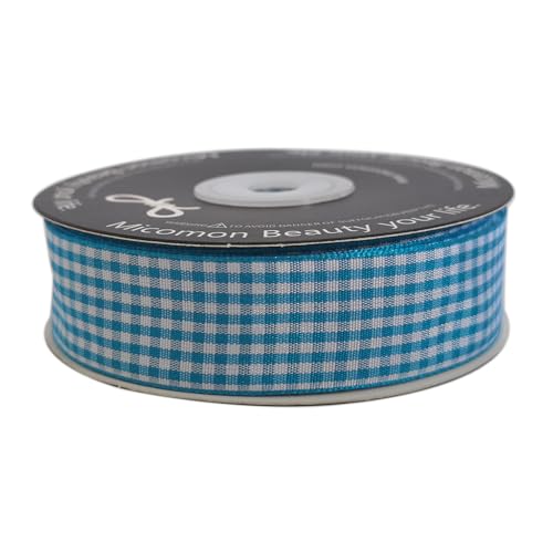1 Inch Vivid Blue and White Woven Edge Plaid Ribbon Polyester Gingham Ribbon 25 Yards Each Roll