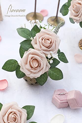 Artificial Flowers 25pcs Real Looking Nude Foam Fake Roses with Stems for DIY Wedding Bouquets Bridal Shower Centerpieces Floral Arrangements Party Tables Home Decorations (25 Count)