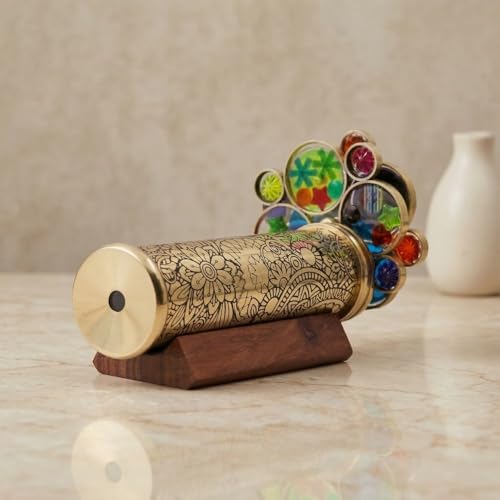 Handcrafted Etched Floral Pattern Lacquered Brass Kaleidoscope Includes Two Separate Turning Wheels