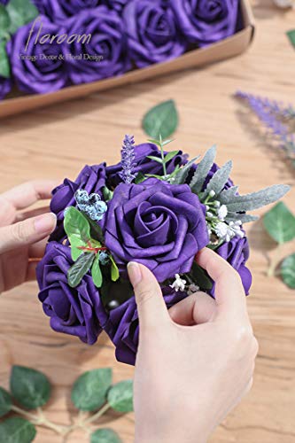 Artificial Flowers 50pcs Real Looking Dark Purple Foam Fake Roses with Stems for DIY Wedding Bouquets Bridal Shower Centerpieces Floral Arrangements Party Tables Home Decorations (50 Count)