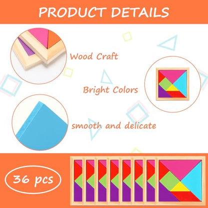 36 Pack Wooden Tangram Puzzles for Kids (36 Count)