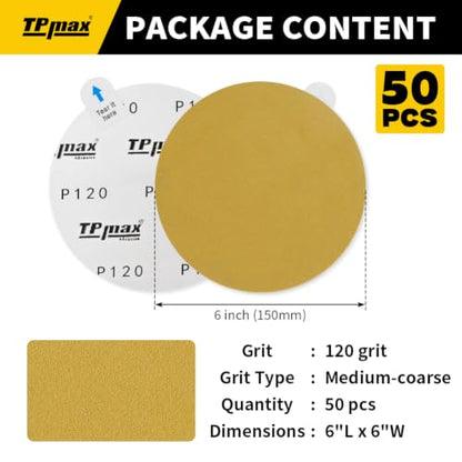 6-Inch 120-Grit Gold PSA Sanding Discs, 50 Pack – Pro-Grade Self-Adhesive Stickyback Sandpaper with Quick-Release Tabs for DA Sander, Medium-Coarse Automotive/Wood/Metal Sanding (50 Count)