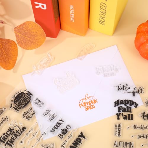 4 Sheets Holiday Clear Stamps Fall Halloween Christmas Nativity Scene Greeting Words Silicone Transparent Stamps for Autumn DIY Craft Card Making Scrapbooking Embossing Album Decor (4 Count)