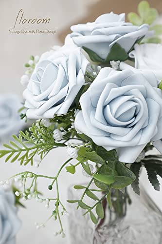 Artificial Flowers 50pcs Real Looking Powder Blue Foam Fake Roses with Stems for DIY Wedding Bouquets Bridal Shower Centerpieces Floral Arrangements Party Tables Home Decorations (50 Count)