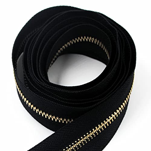 5 Metal Zippers Roll Bulk 2 Yards Black Zipper by The Yards with 10 pcs Sliders Light Gold Teeth Zipper for Sewing Bag Craft Backpack