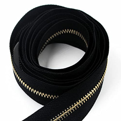 5 Metal Zippers Roll Bulk 2 Yards Black Zipper by The Yards with 10 pcs Sliders Light Gold Teeth Zipper for Sewing Bag Craft Backpack