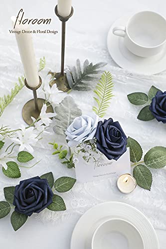 Artificial Flowers 25pcs Real Looking Navy Blue Foam Fake Roses with Stems for DIY Wedding Bouquets Bridal Shower Centerpieces Party Tables Home Decorations (25 Count)