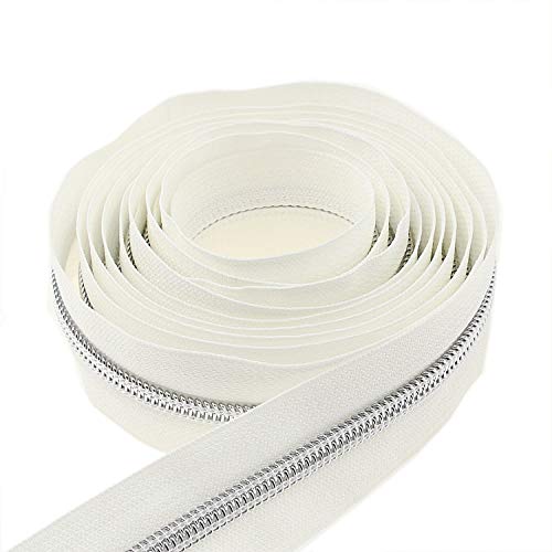 5 Silver Metallic Nylon Coil Zippers by The Yard Bulk 10 Yards White Tape with 25pcs Silver Sliders for DIY Sewing Tailor Craft Bag