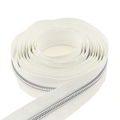 5 Silver Metallic Nylon Coil Zippers by The Yard Bulk 10 Yards White Tape with 25pcs Silver Sliders for DIY Sewing Tailor Craft Bag