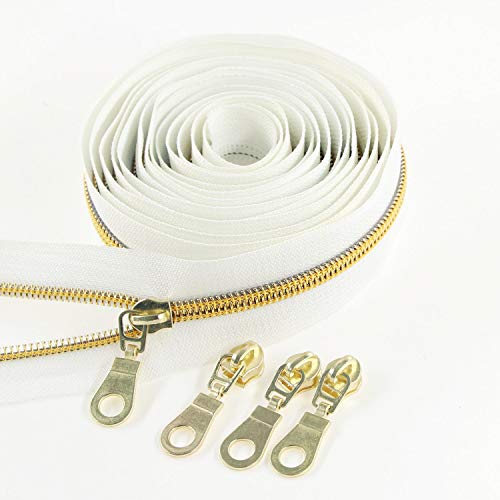 White Nylon Zipper #5 Gold Metallic Nylon Coil Teeth Zipper by The Yards Bulk 10 Yards Tape with 25pcs Gold Sliders for DIY Sewing Tailor Craft Bag