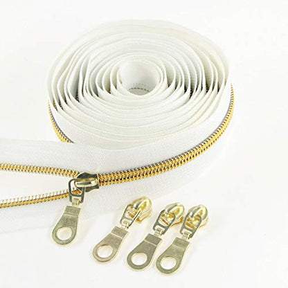 White Nylon Zipper #5 Gold Metallic Nylon Coil Teeth Zipper by The Yards Bulk 10 Yards Tape with 25pcs Gold Sliders for DIY Sewing Tailor Craft Bag
