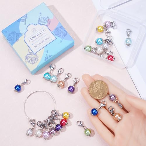 1 Box 24Pcs Locking Stitch Marker Knitting Markers Charms Glass Pearl Locking Stitch Markers Lobster Claw Clasps Knitting Charms for Knitting Weaving Sewing Needleworks Women Adult DIY Craft