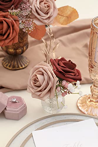 Artificial Flowers 25pcs Real Looking Terracotta Ombre Colors Foam Fake Roses with Stems for DIY Wedding Bouquets Bridal Shower Floral Centerpieces Party Tables Home Decorations (25 Count)