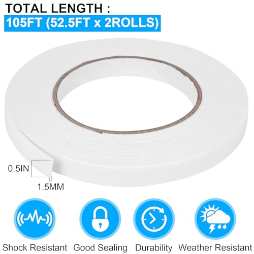 Double Sided Foam Tape 0.5In x 52.5FT 2 Pack (105 Foot)