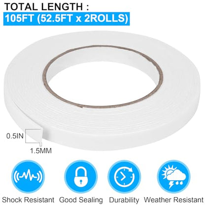 Double Sided Foam Tape 0.5In x 52.5FT 2 Pack (105 Foot)