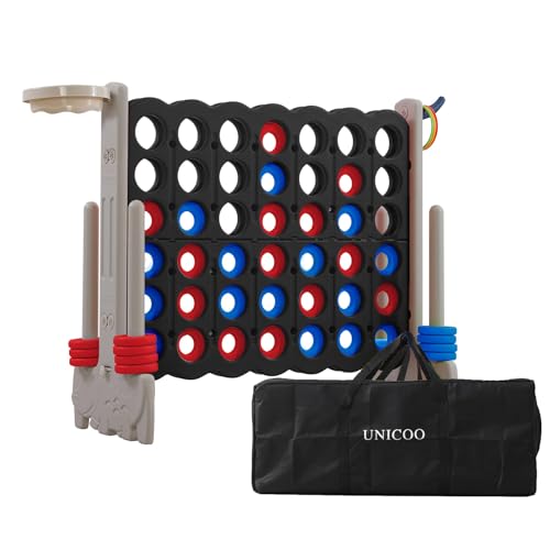 Giant 4-in-a-Row Game with Carry Bag, 3-in-1 Jumbo 4-to-Score Outdoor Yard Game with Basketball Hoop, Ring Toss, Quick-Release Slider, 42 Rings, Family Party Game for Kids & Adults