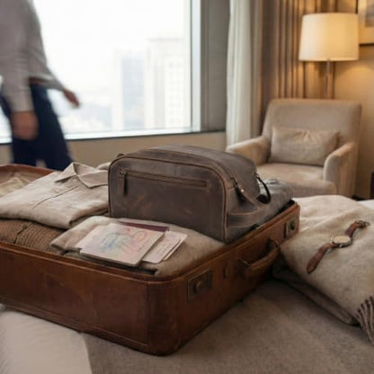 Genuine Leather Toiletry Travel Bag With Waterproof Lining