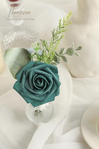 Artificial Flowers 25pcs Real Looking Dark Teal Foam Fake Roses with Stems for DIY Wedding Bouquets Bridal Shower Centerpieces Floral Arrangements Party Tables Home Decorations (25 Count)