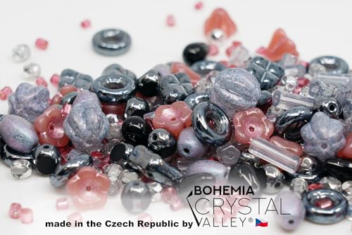 2.1oz (60 g) Mix of Unique Czech Bohemia Glass Pressed Beads, Matte and Glossy, Hand Made, Pink Gray Black Hematite (2.1164 Ounce)