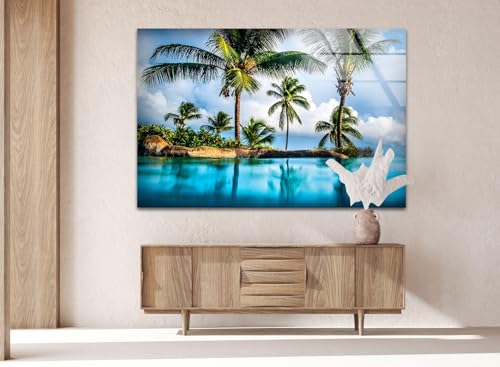 43Wx27H'' Island & Blue Sea Glass Wall ArtTempered Glass Printing Wall Decor Large Wall Art Wall Hangings