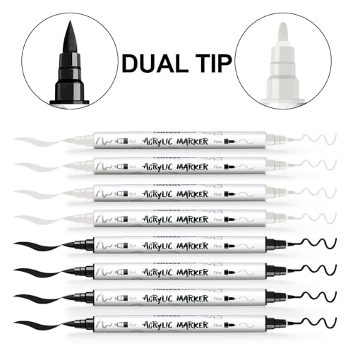 4 Black and 4 White Paint Markers Brush and Fine Dual (8 Count)