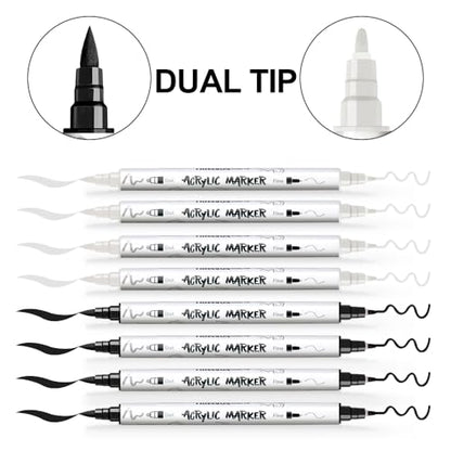 4 Black and 4 White Paint Markers Brush and Fine Dual (8 Count)