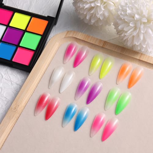 9 Colors Neon Phosphor Nail Pigment Powder Palette for Ombre Nails (2.5 Ounce)