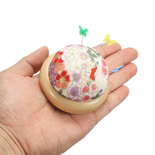 Pin Cushion Wooden Base Japanese Style Round Pincushion Needle Holder for Sewing Quilting Needlework DIY Crafts