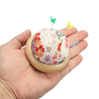 Pin Cushion Wooden Base Japanese Style Round Pincushion Needle Holder for Sewing Quilting Needlework DIY Crafts