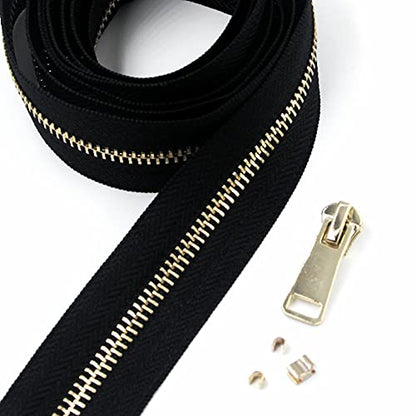 5 Metal Zippers Roll Bulk 2 Yards Black Zipper by The Yards with 10 pcs Sliders Light Gold Teeth Zipper for Sewing Bag Craft Backpack