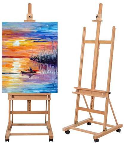 Beechwood H Frame Artist Studio Easel with Wheels and Storage Tray