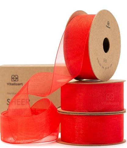 Red Organza Ribbon 1" x 30 Yd Sheer Ribbon for Gift Wrapping (90 Foot)