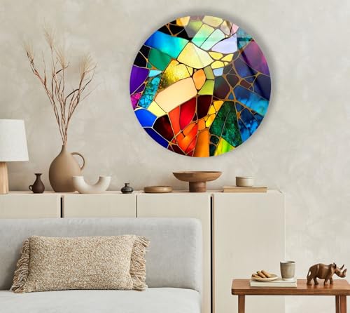 39,4''(100cm) Diameter Multicolor Round Stained Glass Wall Art Vibrant Mosaic Abstract Panel Tempered Glass Printing Wall Decor Large Wall Art Wall Hangings