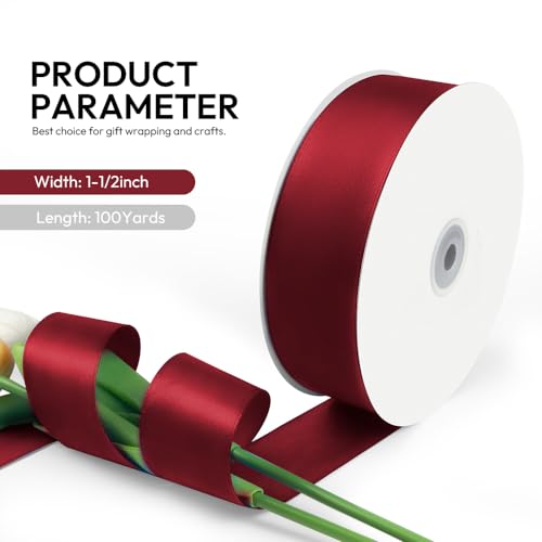 1-1/2 Inch 100 Yards Satin Ribbon Wine Red, Solid Color Fabric Ribbon for Gift Wrapping, Wedding, Polyester Gift Ribbon for Birthday Party Decoration, Craft, Hair, Floral, Sewing (300 Foot)
