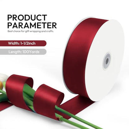 1-1/2 Inch 100 Yards Satin Ribbon Wine Red, Solid Color Fabric Ribbon for Gift Wrapping, Wedding, Polyester Gift Ribbon for Birthday Party Decoration, Craft, Hair, Floral, Sewing (300 Foot)