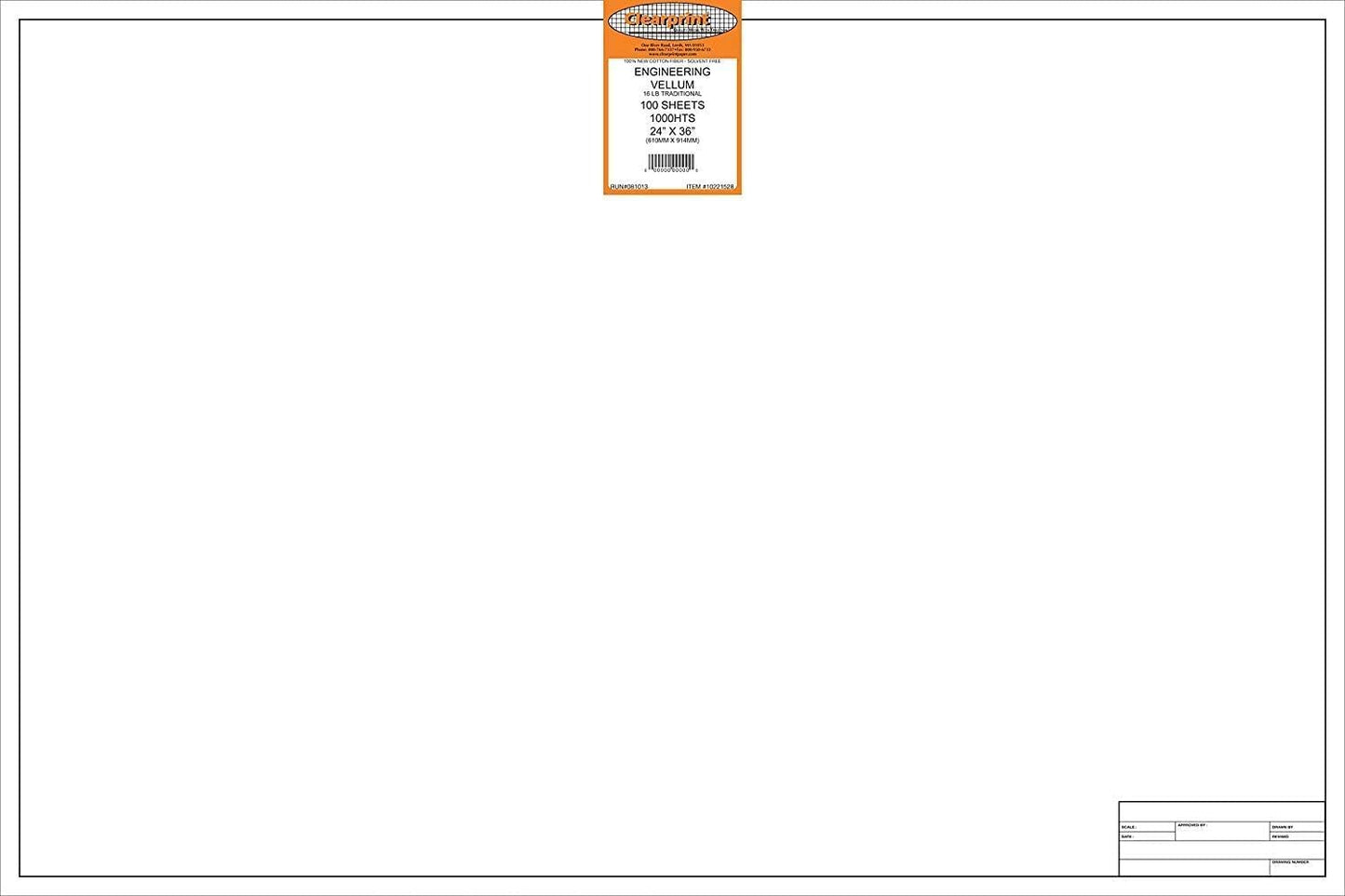 Clearprint 24" x 36" 1000H Design Vellum Sheets with Engineer Title Block, 16 lb., 100% Cotton, 100 Sheets Per Pack, 1 Each