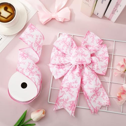 Pink Floral Bow Wired Edge Ribbon Chinoiserie Flower Bowknot Fabric Ribbon for DIY Crafts Wreath Bow Making Supplies