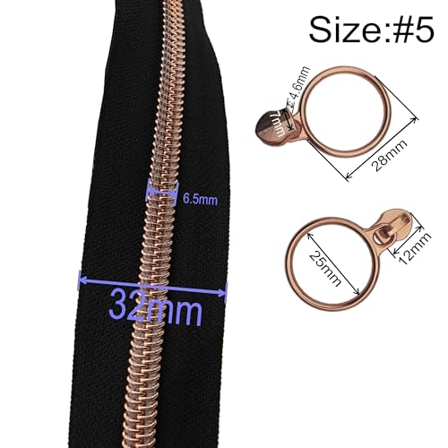 5 Rose Gold Metallic Teeth Nylon Coil Zippers by The Yard Bulk 10 Yards Black Zipper Tape with 25pcs Rose Gold Ring Pull Sliders for DIY Sewing Tailor Craft Bag (25 Count)